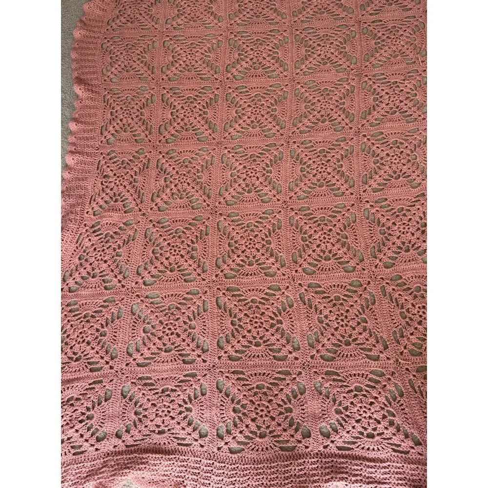 Vintage Style Handmade Crochet Blanket Pink Floral Medallion Cottagecore 64x80
